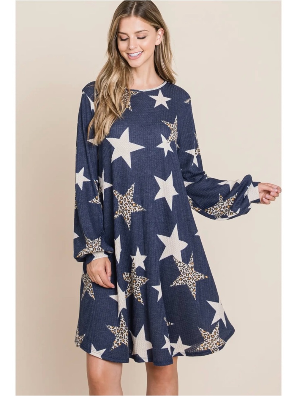 Navy Star Print Long Sleeve Swing Dress - Picture 3 of 4